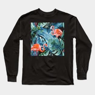 Pink Flamingos Dusty Teal Tropical Foliage Long Sleeve T-Shirt